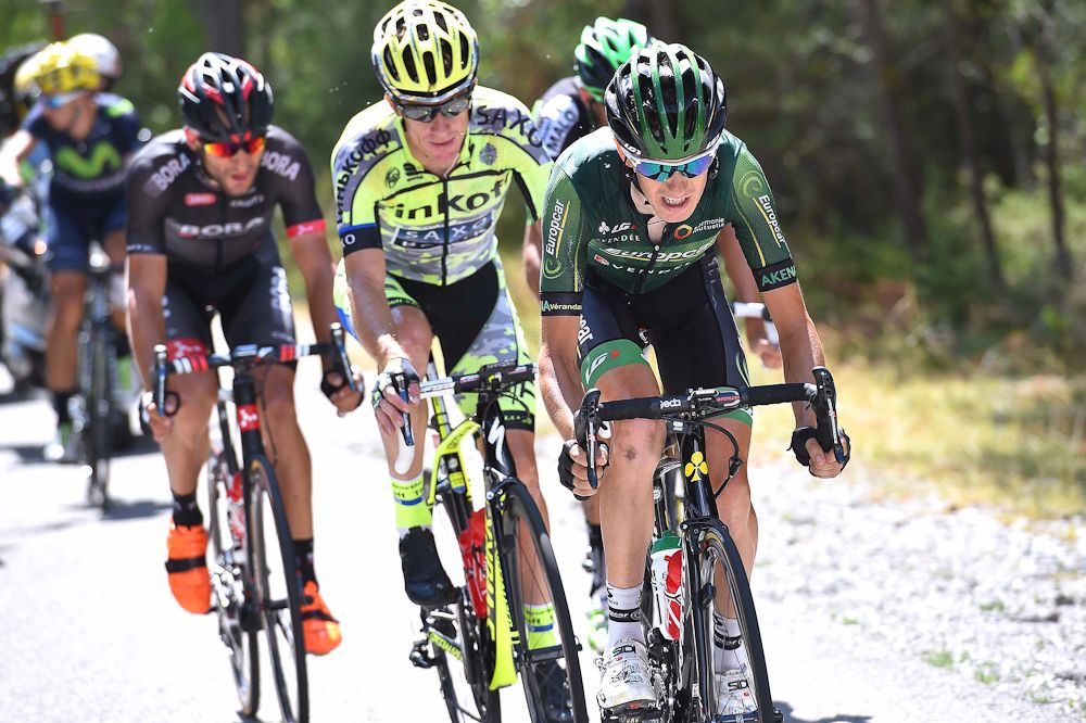 Pierre Rolland leads Michael Rogers during stage 17.