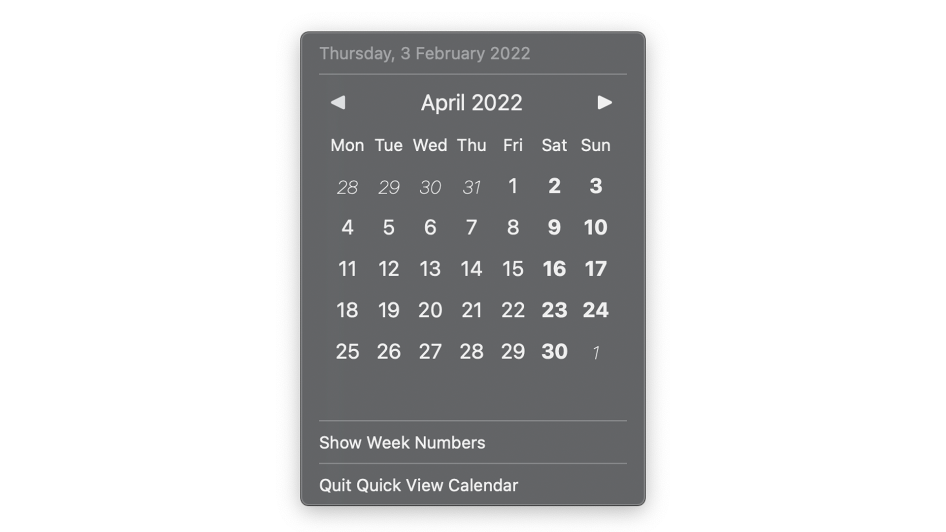 Kalender Tampilan Cepat di bilah menu macOS