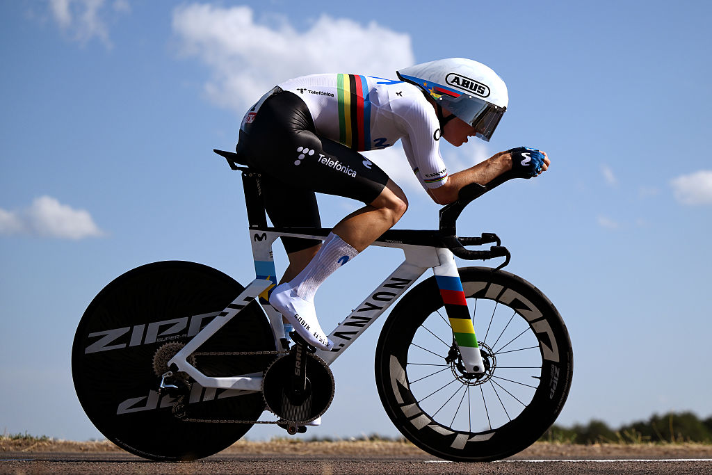 DIJON, FRANCE - AUGUST 04: Marlen Reusser of Switzerland and Team Movistar competes during the 5th Tour de France Femmes 2026, Stage 4 a 21km individual time trial stage from Gevrey-Chambertin to Dijon / #UCIWWT / on August 04, 2026 in Dijon, France. (Photo by Alex Broadway/Getty Images)