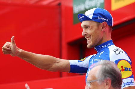 Thumbs up from Matteo Trentin on the podium