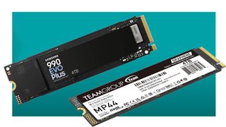 The Samsung 990 Evo Plus and Team Group MP44 SSDs float in the teal PC G deal void.