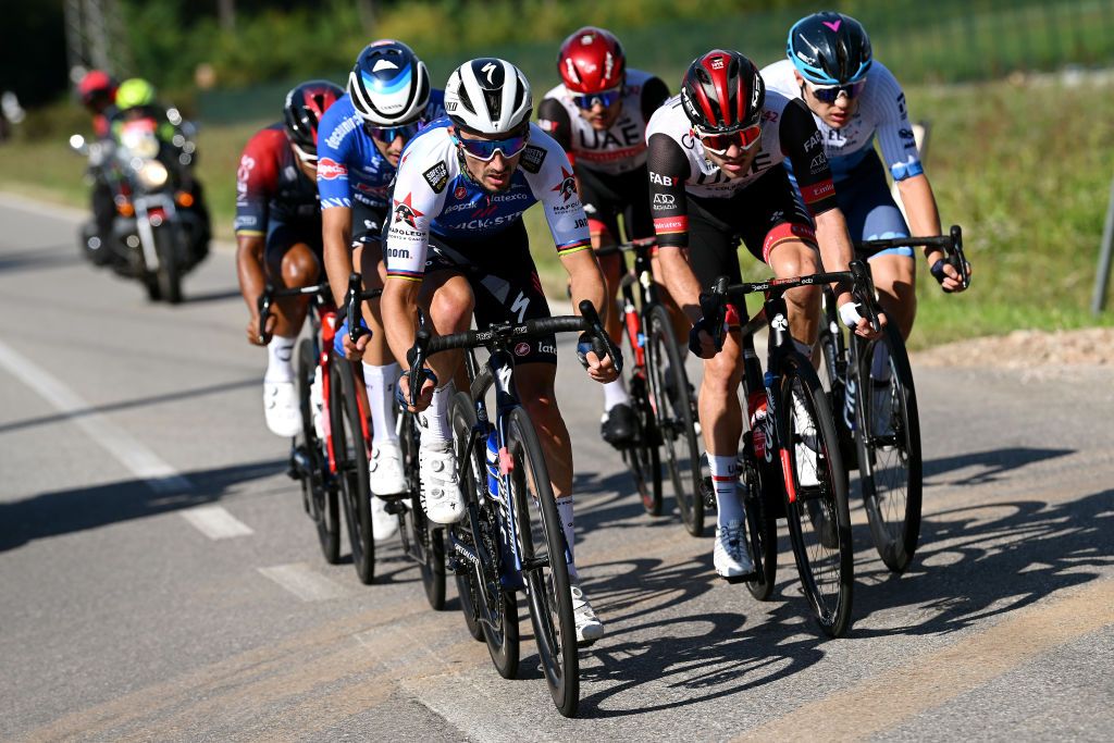 LEGNANO ITALY OCTOBER 03 LR Julian Alaphilippe of France and Team QuickStep Alpha Vinyl and Marc Hirschi of Switzerland and UAE Team Emirates competing in the breakaway during the 103rd Coppa Bernocchi GP BPM 2022 a 1907km one day race from Legnano to Legnano CoppaBernocchi on October 03 2022 in Legnano Italy Photo by Dario BelingheriGetty Images