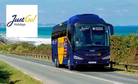 Just Go Holidays logo top left with a coach driving along a coast road