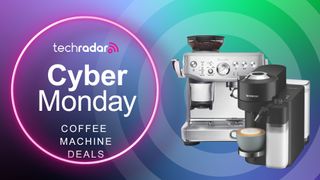 Cyber Monday coffee machine deals overlay with Breville and Nespresso machine