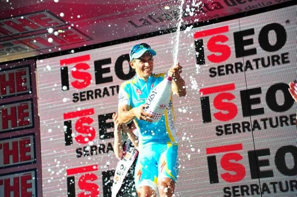 Paolo Tiralongo (Astana) celebrates atop the podium.