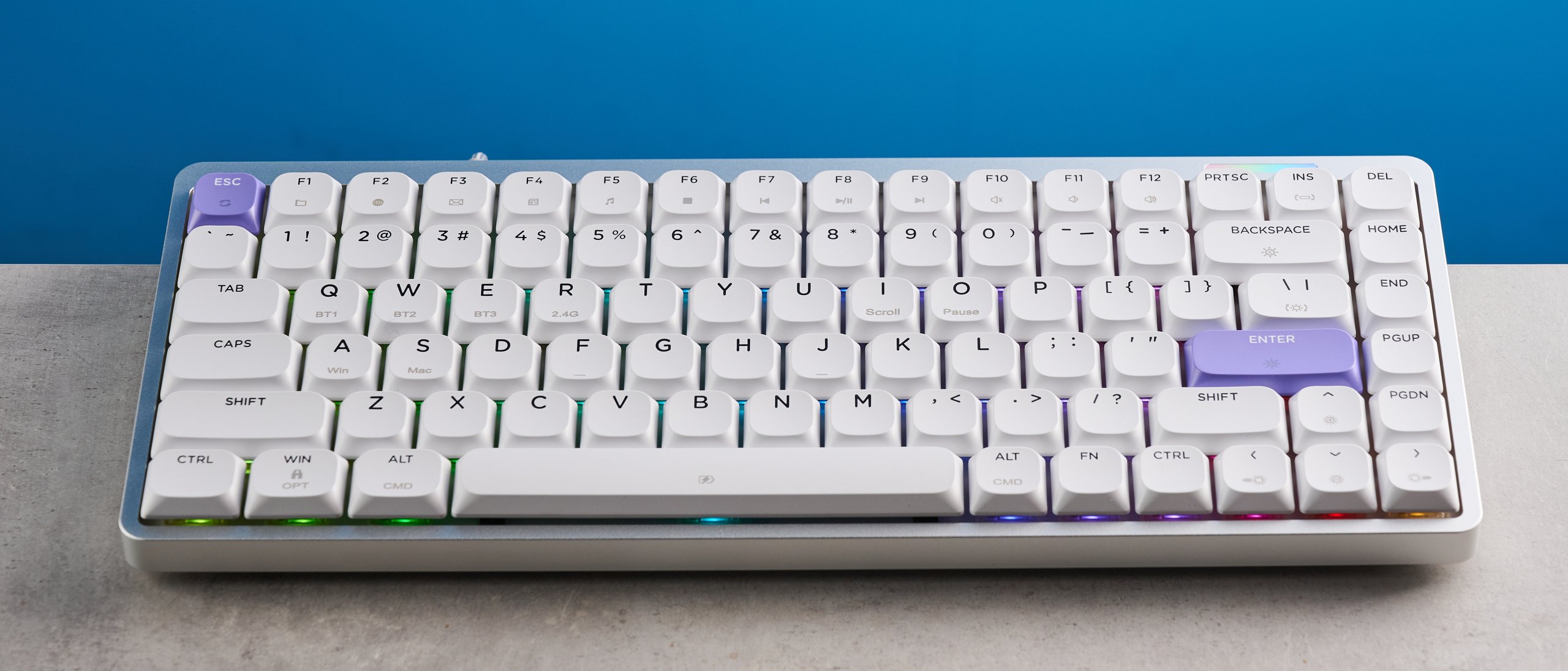 A white and purple Epomaker Luma84 low-profile mechanical keyboard