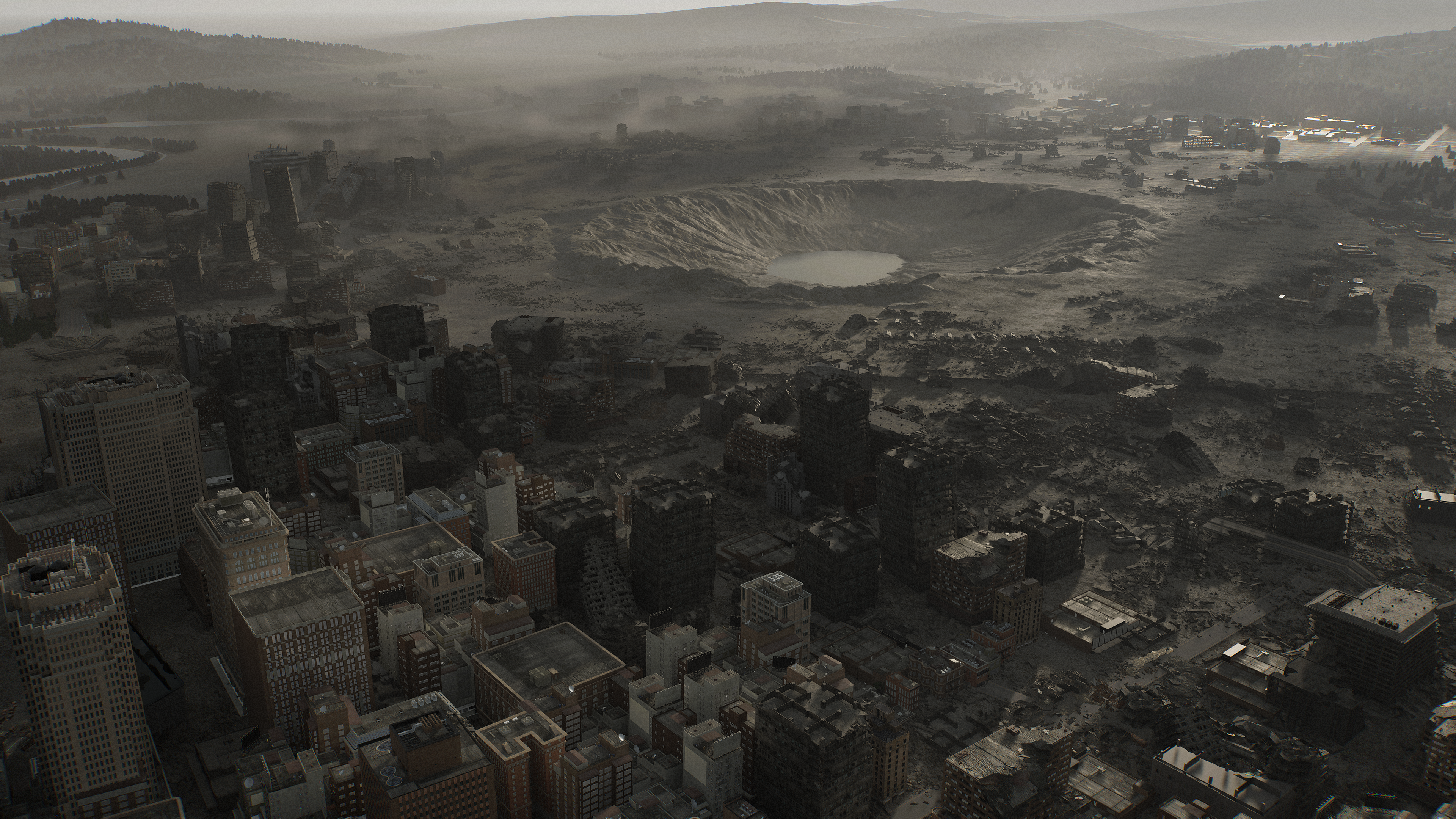 Official Resident Evil Requiem screenshot showcasing the nuke crater and ruined Raccoon City