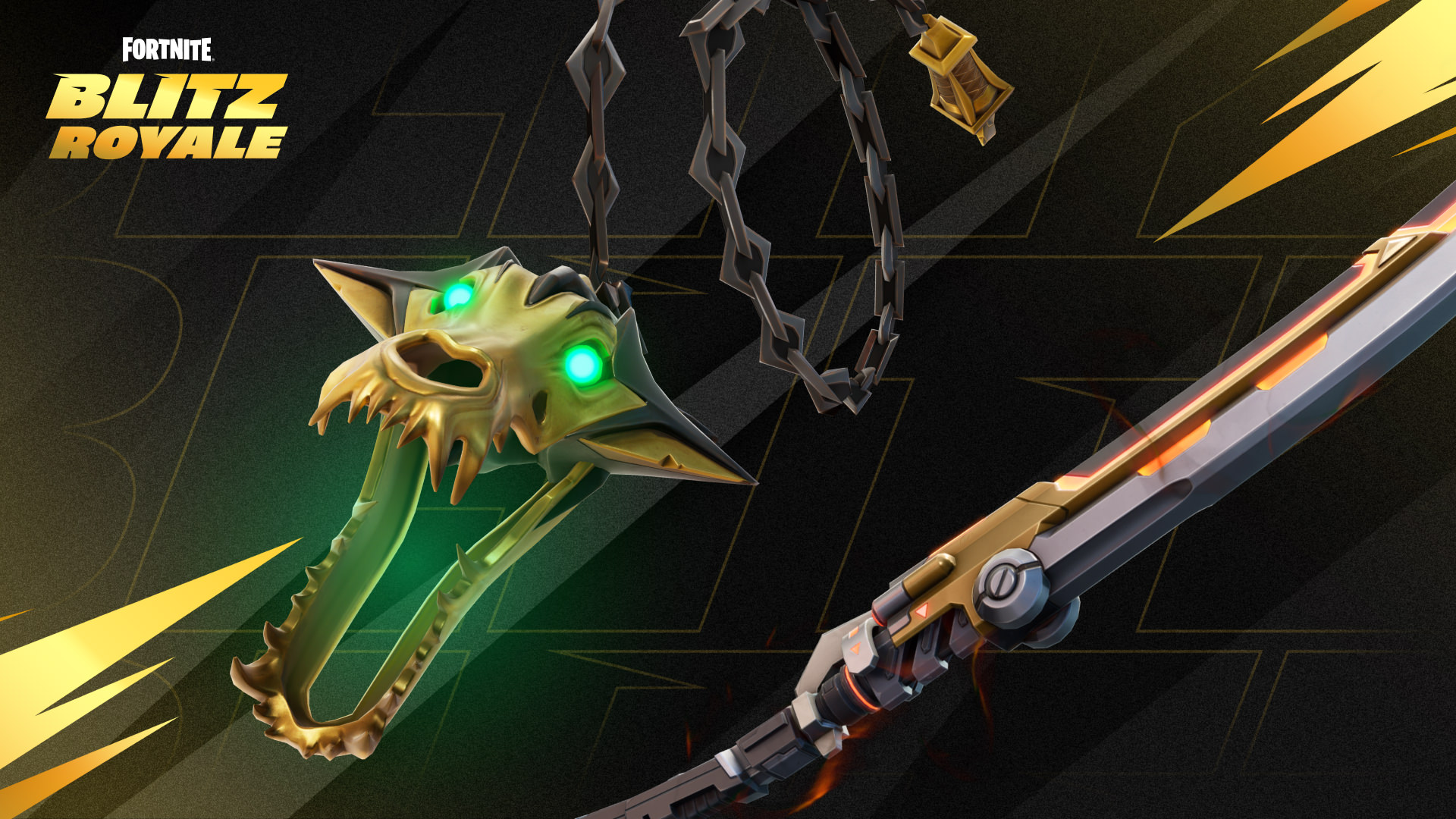 An animal skull gold medallion next to a futuristic blade weapon