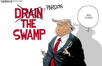 Political Cartoon U.S. pardon the swamp Trump slogan