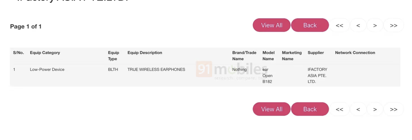 A leak shared by 91 Mobiles, showing what appears to be a Nothing earbuds product listing on Singapore's regulatory board, IMDA