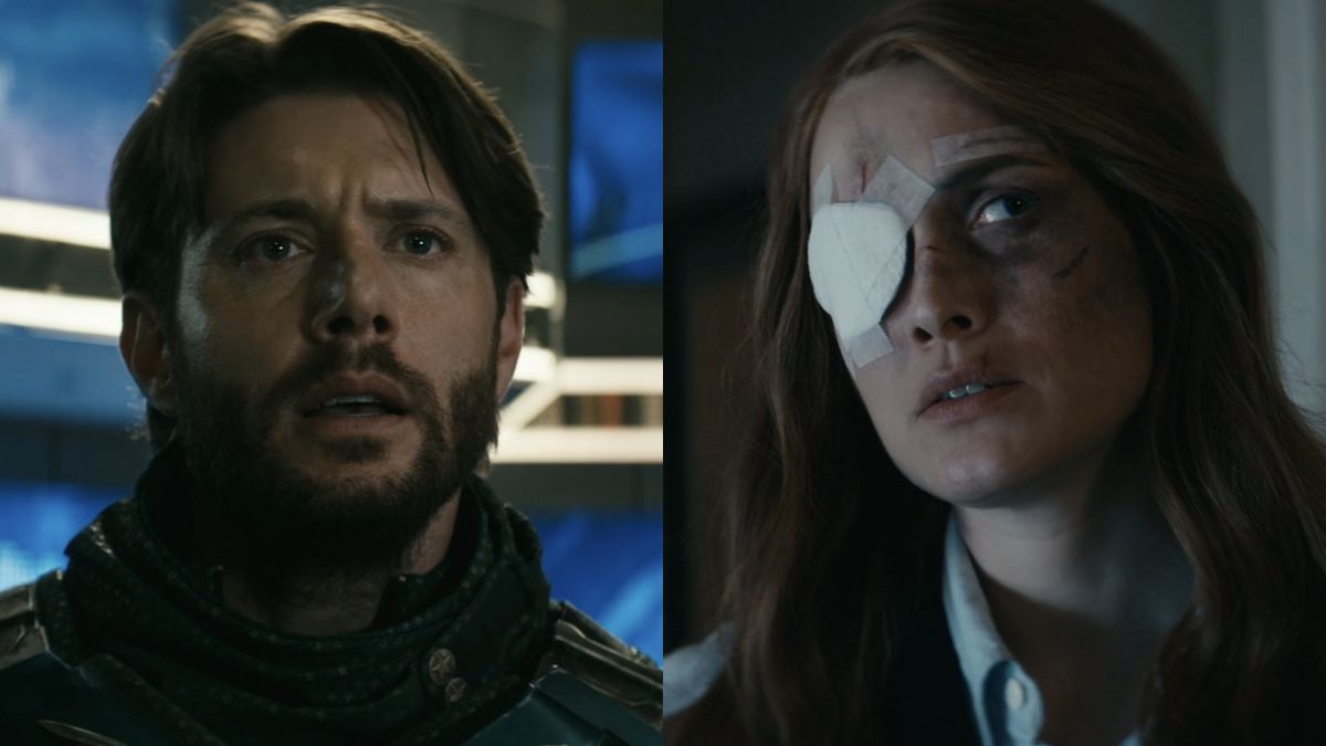 Side-by-side screenshots of Soldier Boy in VNN studio next to Maeve with eyepatch talking to Annie in The Boys Season 3 finale