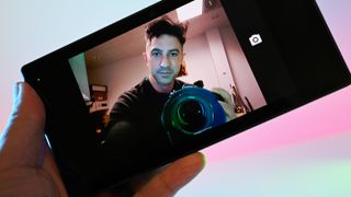 Image of the Razer Edge's front-facing camera with the camera app open.