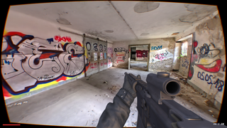 Screenshots of a small FPS project using 'gaussian splatting' to render its photorealistic environment.
