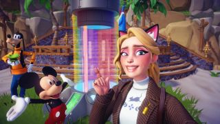 Disney Dreamlight Valley - a player wearing cat ears and a sweater takes a selfie pointing nervously to a rainbow Valley Visits teleporter while MIckey and Goofy pose nearby