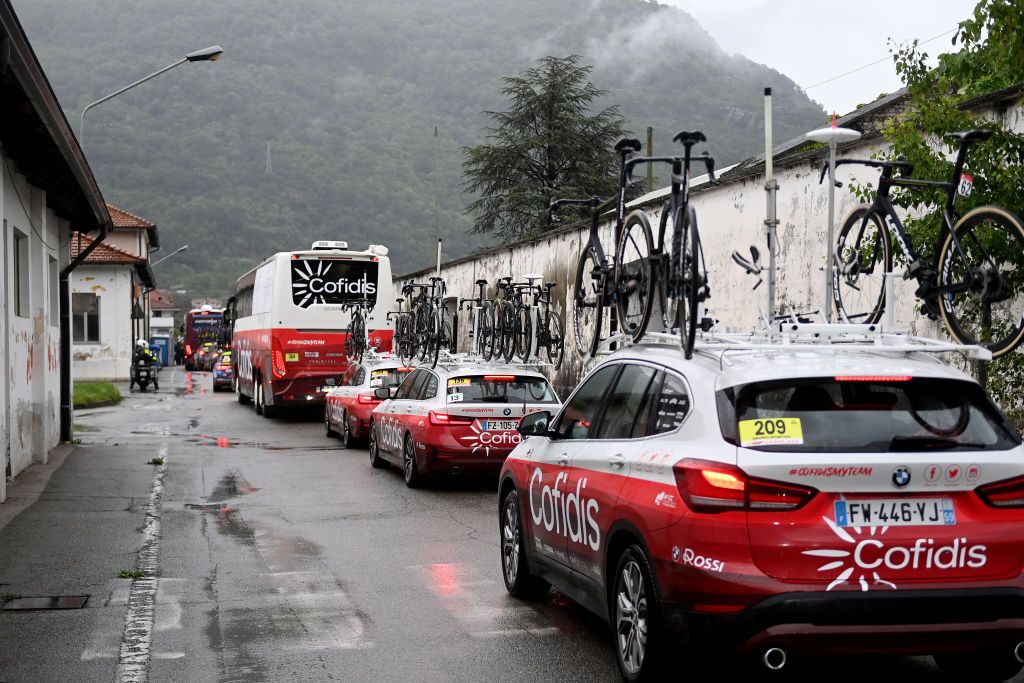 CRANSMONTANA SWITZERLAND MAY 19 Team Cofidis cars on their way to the new start localisation during the 106th Giro dItalia 2023 Stage 13 a 75km stage from Le Chable to CransMontana Valais 1456m Stage shortened due to the adverse weather conditions UCIWT on May 19 2023 in CransMontana Switzerland Photo by Tim de WaeleGetty Images