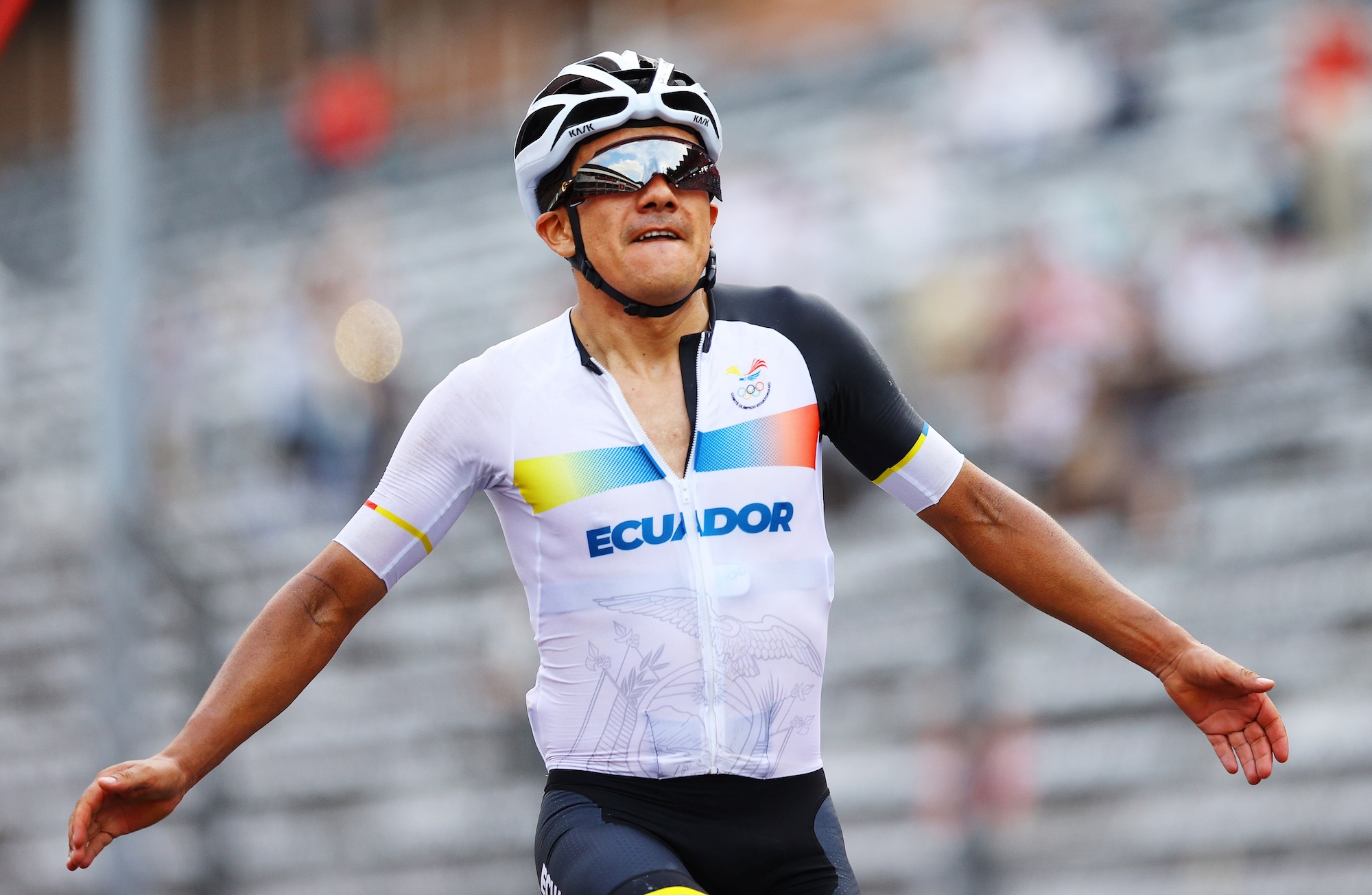 OYAMA, JAPAN - JULY 24: Richard Carapaz of Team Ecuador celebrates winning the gold medal during the Men's road race at the Fuji International Speedway on day one of the Tokyo 2020 Olympic Games on July 24, 2021 in Oyama, Shizuoka, Japan. (Photo by Tim de Waele/Getty Images)