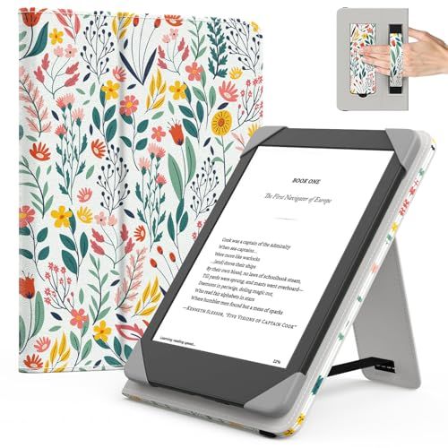 PU leather cover with hand strap, and kick stand, flowers