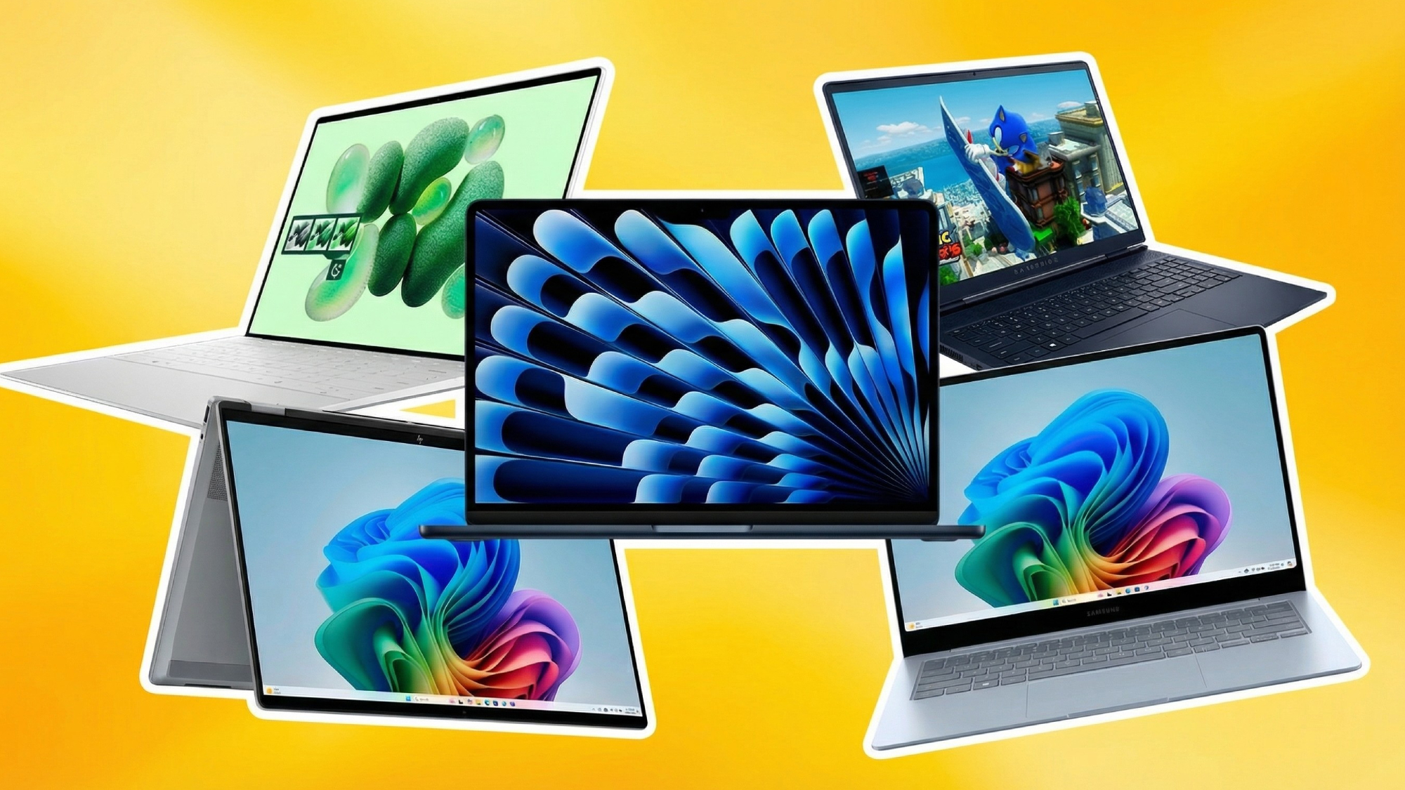 Collage of laptops on sale with yellow background
