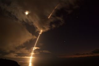 A medium-range ballistic missile target is launched from the Pacific Missile Range Facility on Kauai, Hawaii, during a defense test on Aug. 29, 2017. The target was successfully intercepted by SM-6 missiles fired from the USS John Paul Jones.