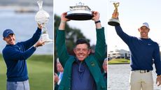 Rory McIlroy holds the Pebble Beach Pro-Am, Masters and Players Championship trophies