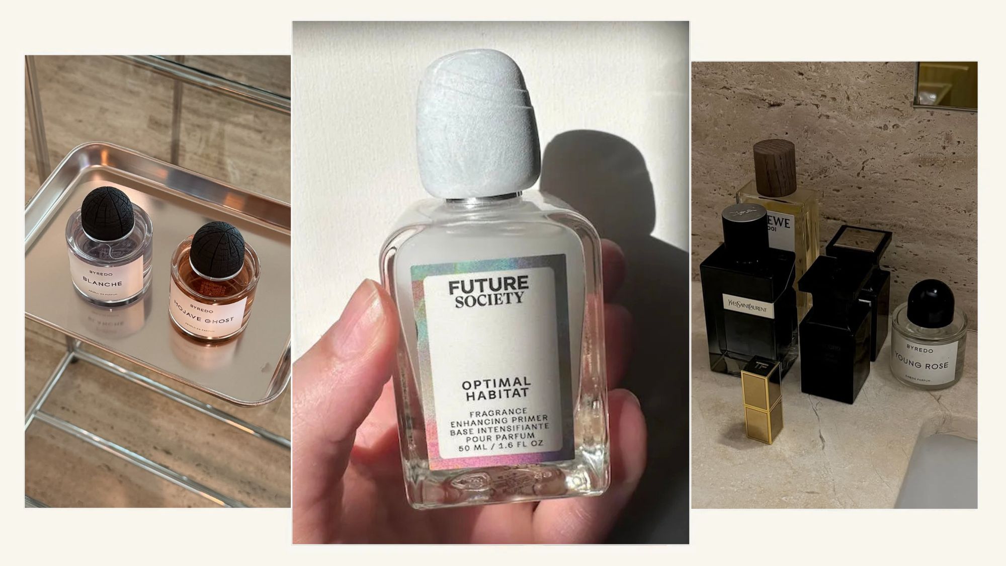 A collage of fragrance primers and fragrances.