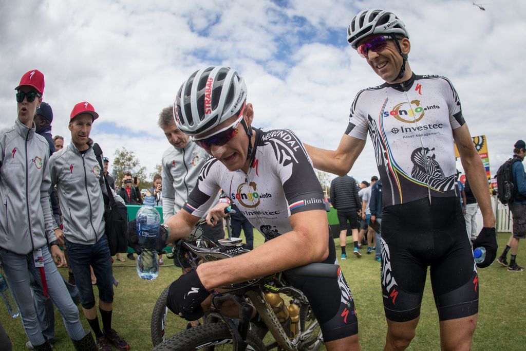 Christoph Sauser and Jaroslav Kulhavy (Investec-Songo-Specialized) take a breath after the stage