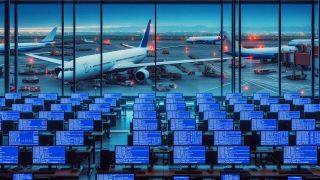 AI generated image of airplanes with BSOD computer errors