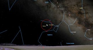 In the southeastern pre-dawn sky on Thursday, April 25, the last quarter moon will land less than 3 degrees to the right of yellowish Saturn, near the Teapot-shaped stars of Sagittarius. The duo will fit nicely into the field of view of binoculars (orange circle), and make a nice photograph. Half a day later, at 13:00 GMT, observers in Eastern Australia and New Zealand will see the moon occult Saturn.