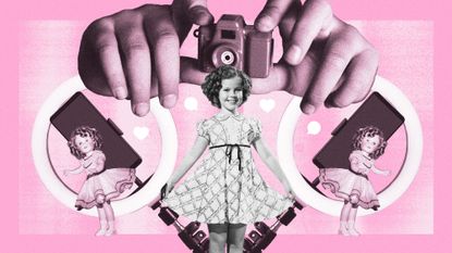 Photo collage of Shirley Temple as a child, surrounded by phones and ring lights, with Shirley Temple dolls to the side. Above her looms a pair of adult hands holding a toy camera.