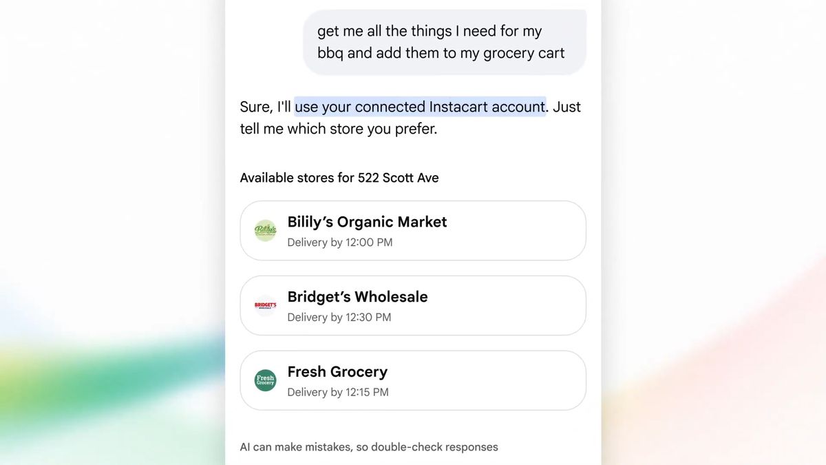 Google's AI Mode lets users connect their Instacart account for AI shopping, and it will ask which store they'd prefer to order from.