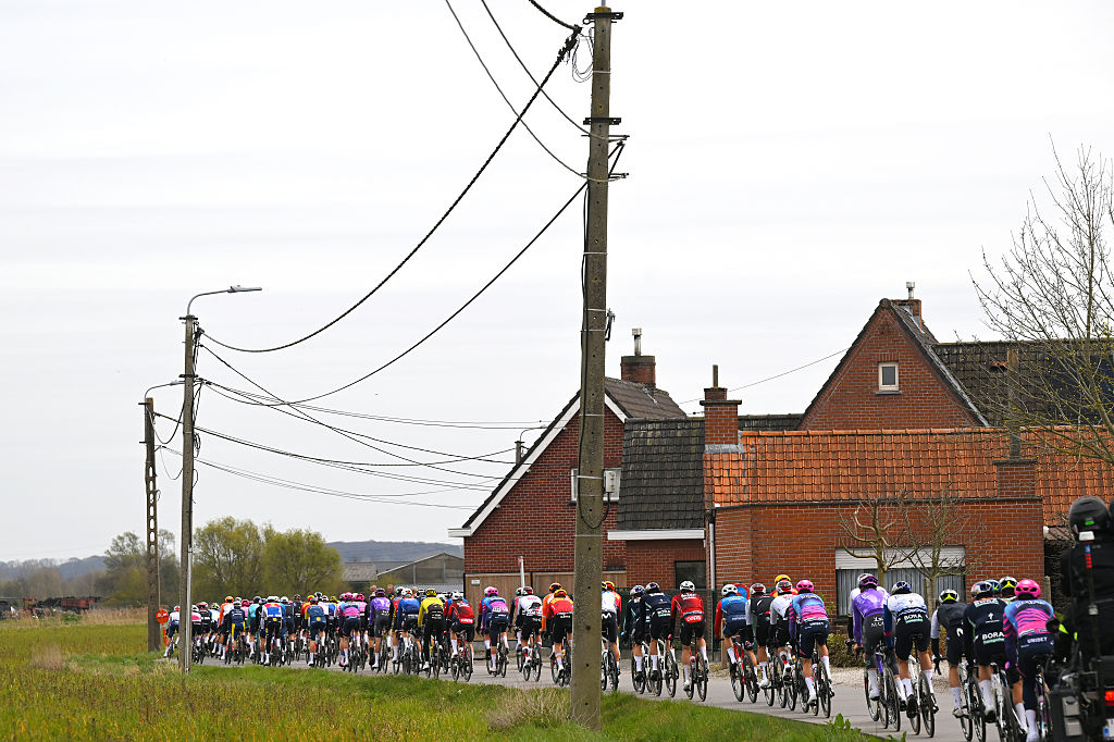 HARELBEKE, BELGIUM - MARCH 27: A general view of the peloton competing during the 68th E3 Saxo Classic 2026 a 208.5km one day race from Harelbeke to Harelbek / #UCIWT / on March 27, 2026 in Harelbeke, Belgium. (Photo by Tim de Waele/Getty Images)