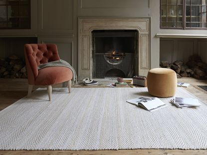 A living room with open fireplace and light jute rug