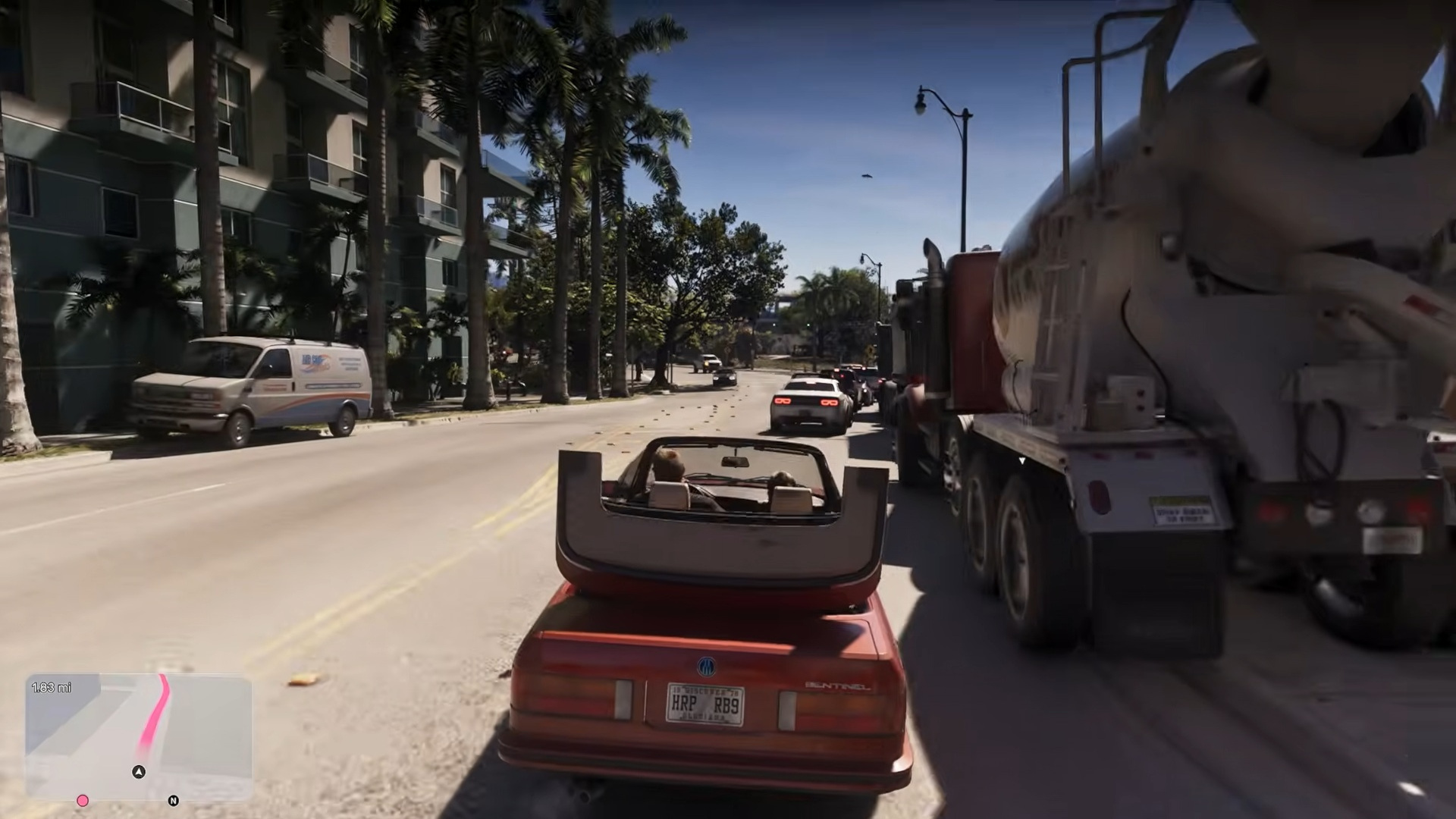 Jason and Lucia in a red convertible Sentinel car in GTA 6