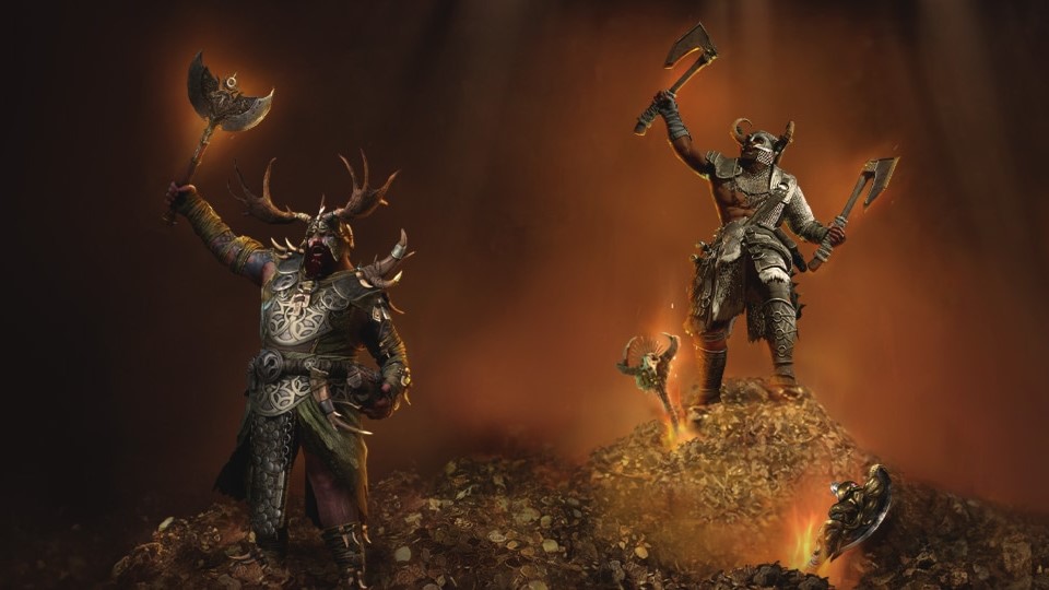 Diablo 4 characters standing on top of a pile of gold