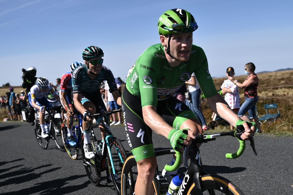 Team Deceuninck rider Irelands Sam Bennett wearing the best sprinters green jersey rides far behind the pack during the 14th stage of the 107th edition of the Tour de France cycling race 197 km between ClermontFerrand and Lyon on September 12 2020 Photo by Marco BERTORELLO AFP Photo by MARCO BERTORELLOAFP via Getty Images