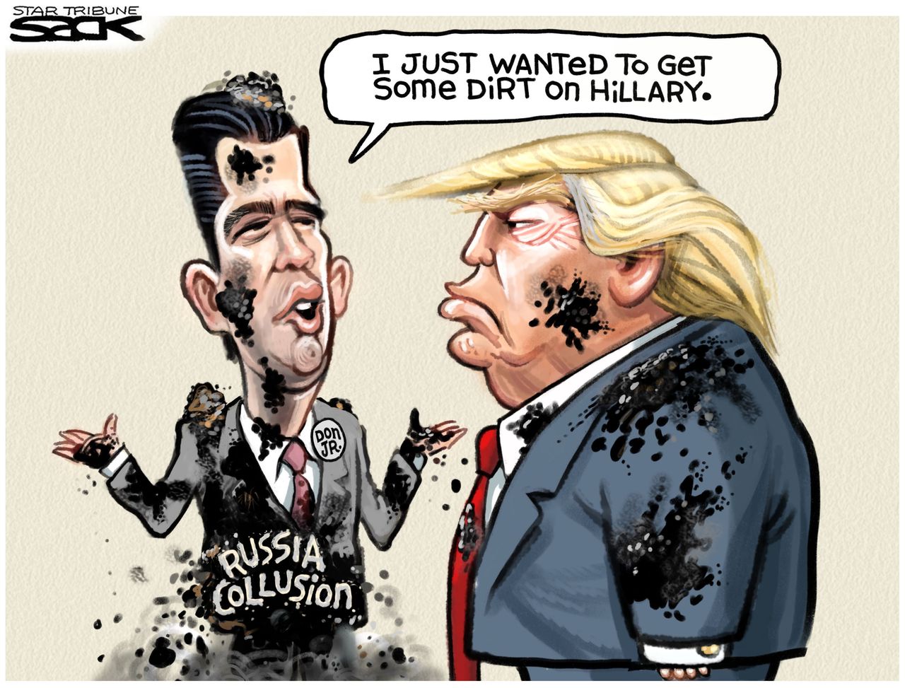 Political cartoon U.S. Trump Jr. Russia investigation dirt Hillary Clinton