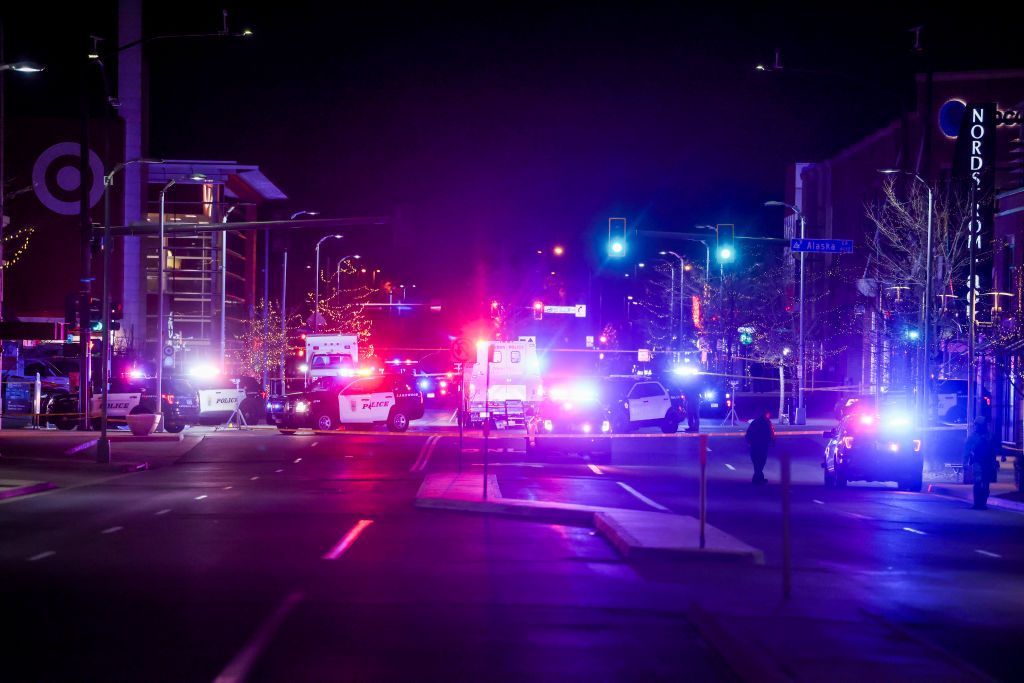 The police scene outside Belmar shopping center in Colorado.