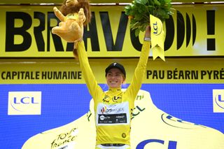 PAU FRANCE JULY 30 Demi Vollering of The Netherlands and Team SD Worx Protime celebrates at podium as Yellow leader jersey winner during the 2nd Tour de France Femmes 2023 Stage 8 a 226km individual time trial stage from Pau to Pau UCIWWT on July 30 2023 in Pau France Photo by Tim de WaeleGetty Images