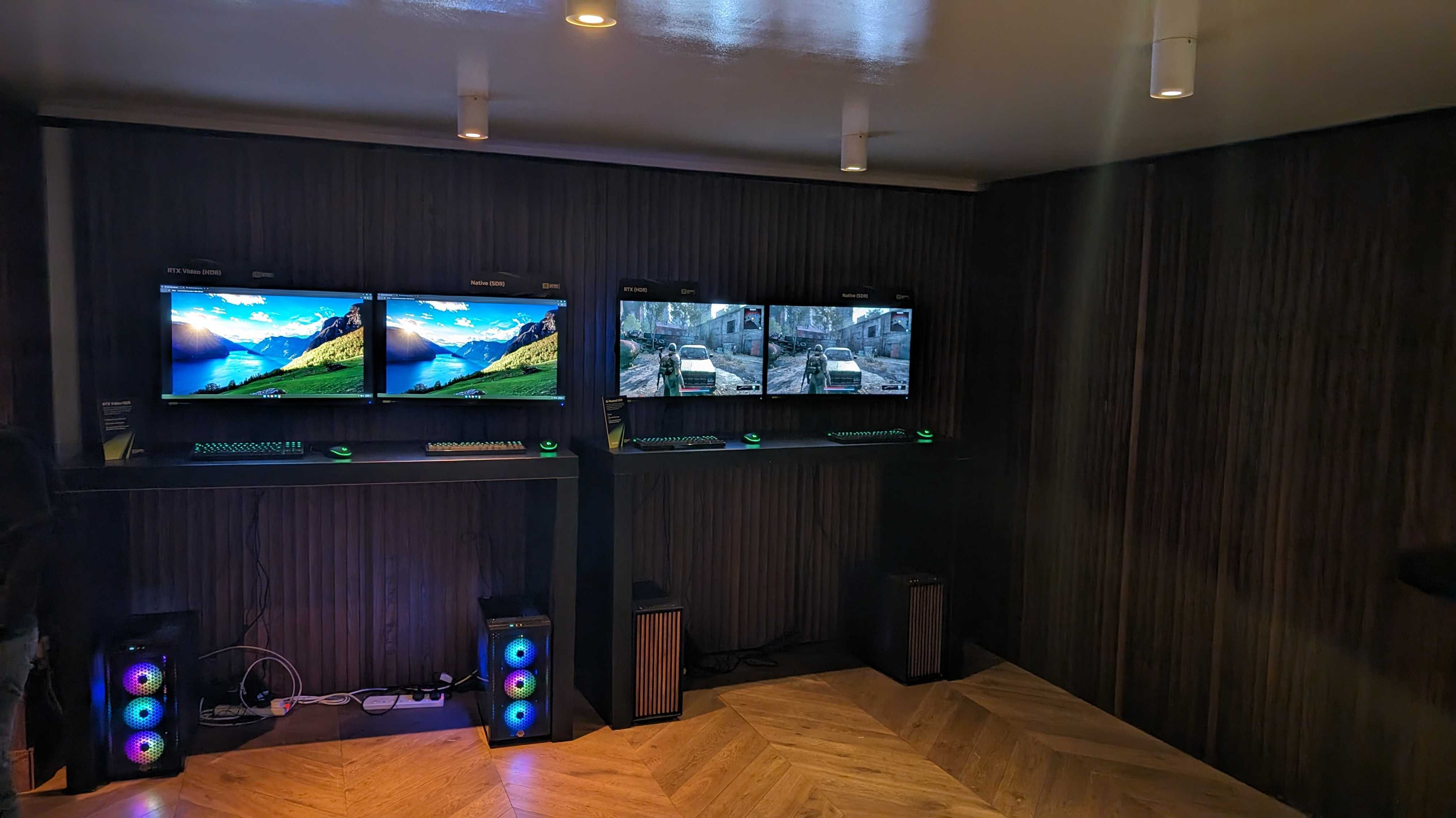 A bank of monitors set up at the Nvidia RTX HDR showcase.