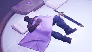 Blade is sound asleep next to his actual blade in a white bed, from a Marvel Rivals screenshot