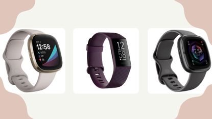 A composite image of three of the best Fitbit deals in May 2023, on a white background with pink graphics.