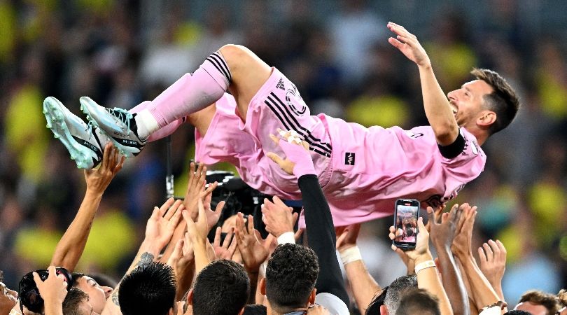 Lionel Messi is given the bumps by his team-mates after Inter Miami beat Nashville to win the Leagues Cup in August 2023. 