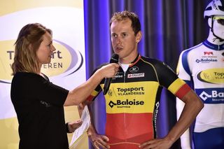 Belgian champion Preben Van Hecke speaks at the Topsport Vlaanderen-Baloise presentation