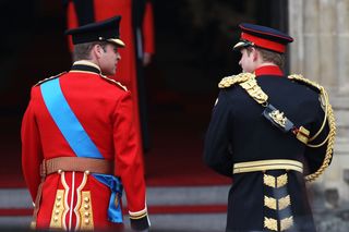 Prince Harry and Prince William entering church for William's wedding to Duchess Catherine