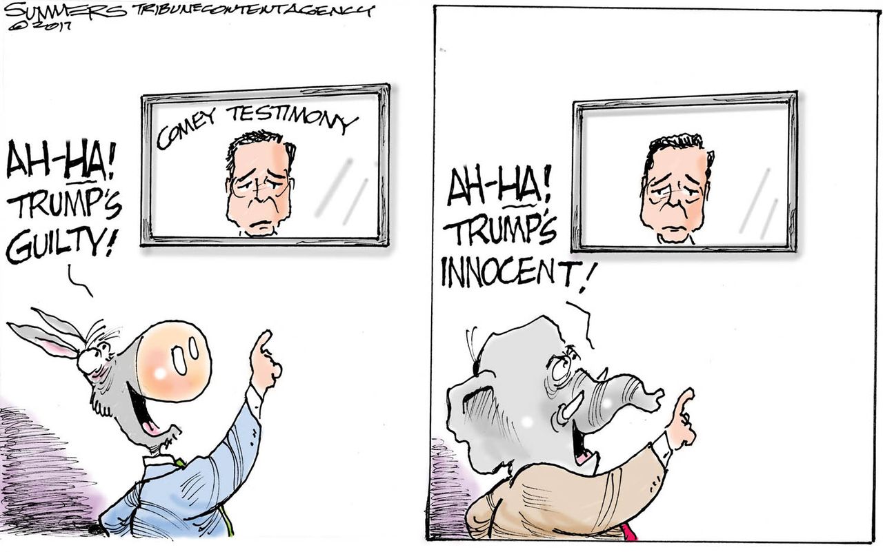 Political cartoon U.S. Trump Comey testimony guilt innocence interpretation