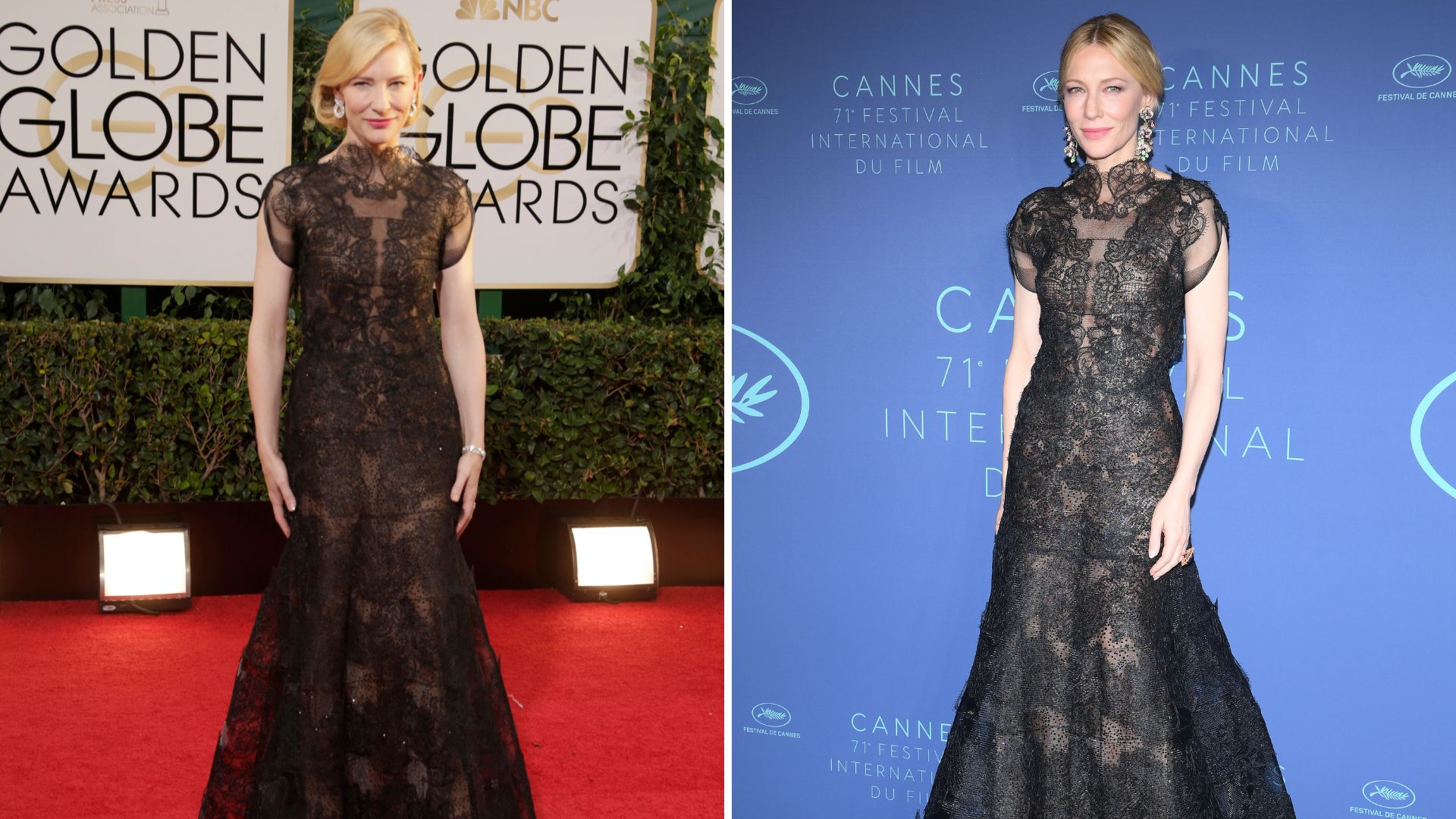 L-Cate Blanchett in a black lace gown at the Golden Globes, R-Cate Blanchett at the 2018 Cannes Film Festival