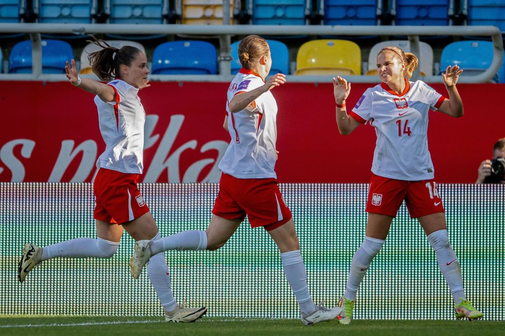 Dominika Grabowska (R) of Poland celebrates after scoring during the Women&#039;s European Qualifier match between Poland and Germany at the City Stadium on June 4, 2024 in Gdynia, Poland