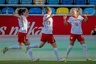 Dominika Grabowska (R) of Poland celebrates after scoring during the Women's European Qualifier match between Poland and Germany at the City Stadium on June 4, 2024 in Gdynia, Poland