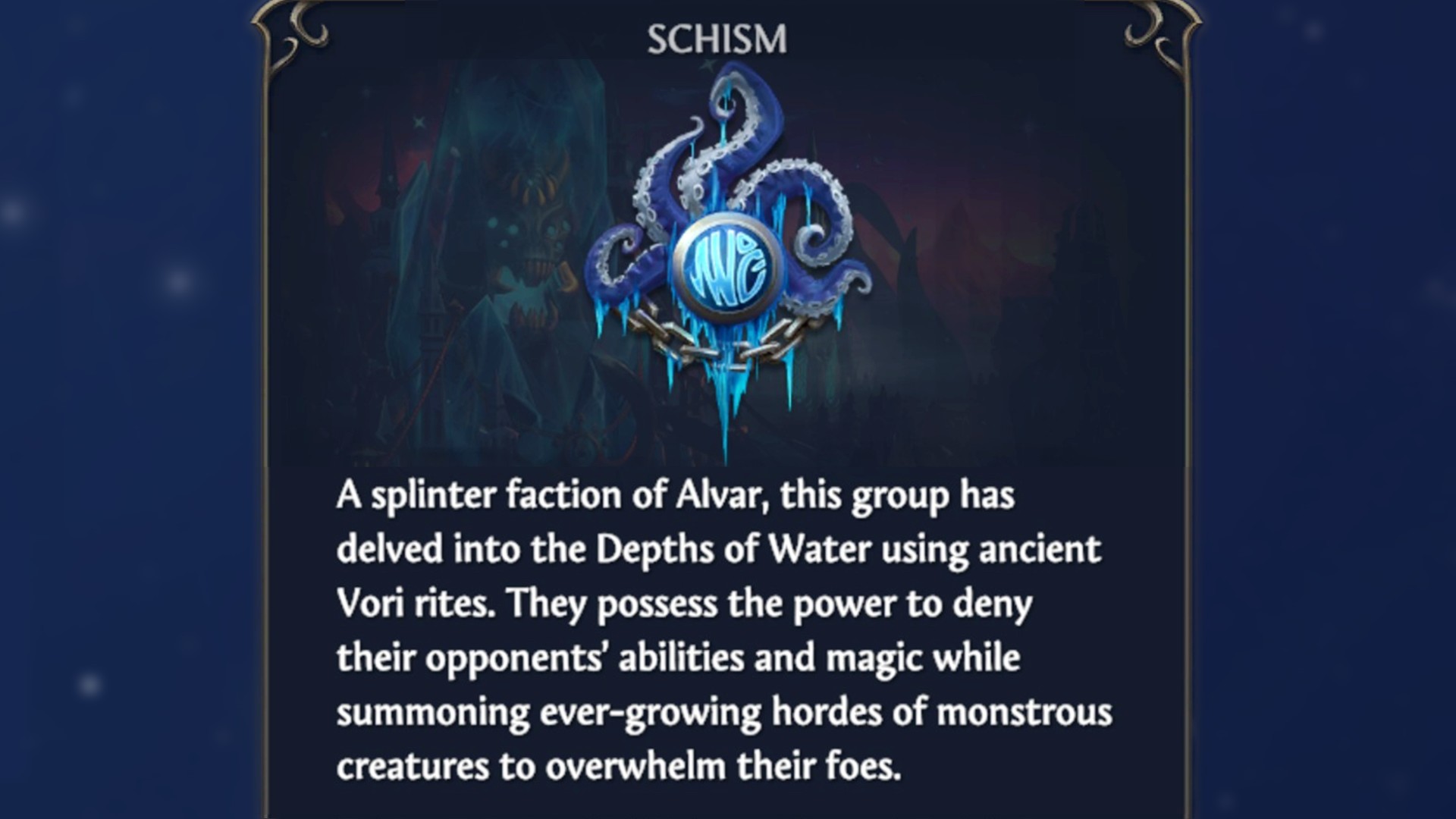The Schism Faction description and their tentacled icon in HoMM Olden Era.
