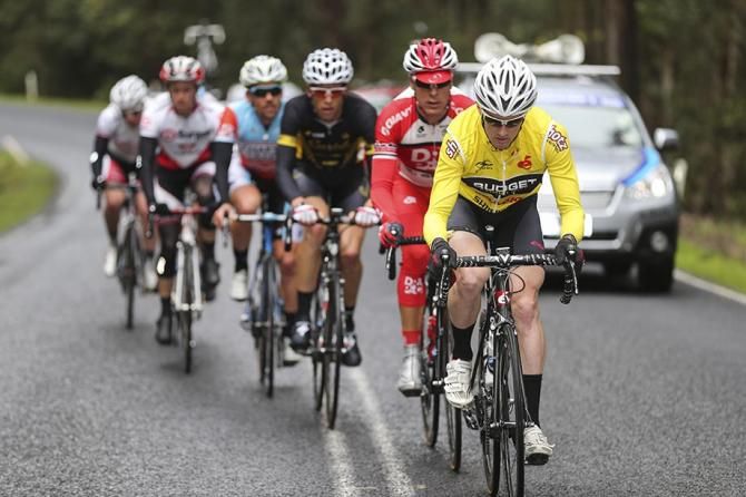 Peter Herzig (Budget Forklifts) leads the early break up a climb